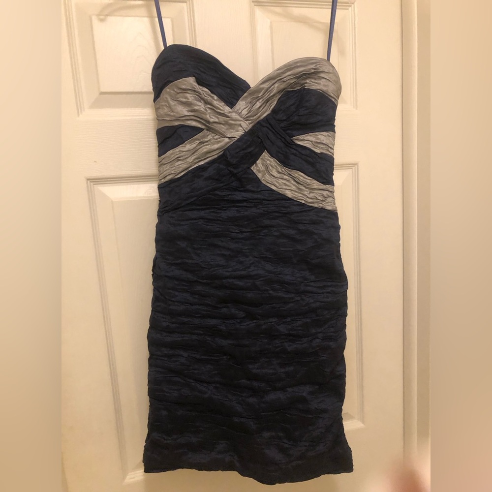 BCBG Max Azria navy and silver cocktail dress